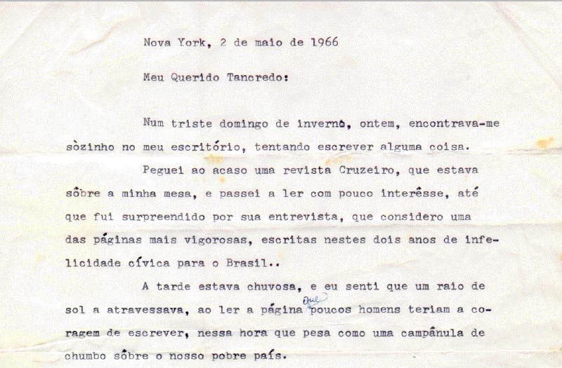 Carta de Juscelino Kubitsheck a Tancredo Neves. Nova Iorque, 02 de maio de 1966. FGV/CPDOC. Arq. Tancredo Neves.